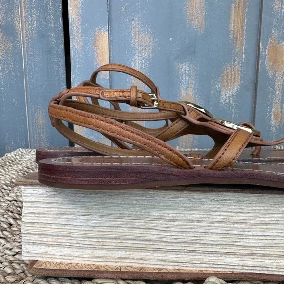 Tory Burch Leticia Ankle Strap Logo Thong Sandal Tan Sz 7.5 - Picture 10 of 15